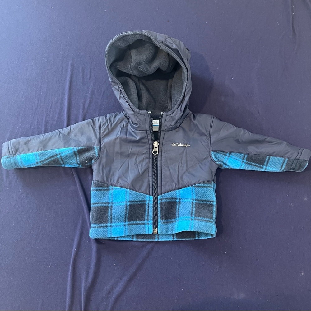 Columbia Blue and Black Plaid Baby Jacket 3-6m warm with hood on the coat
